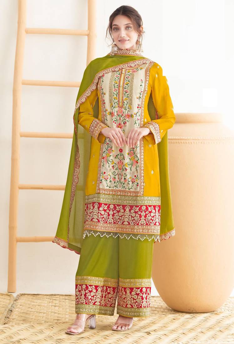 Yellow chinnon straight palazzo suit with dabka dori & handmade mirror embroidery, free size stitching up to 42"