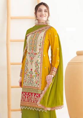 Yellow chinnon straight palazzo suit with dabka dori & handmade mirror embroidery, free size stitching up to 42" 2