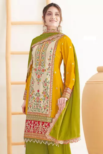 Yellow chinnon straight palazzo suit with dabka dori & handmade mirror embroidery, free size stitching up to 42"