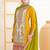 Yellow chinnon straight palazzo suit with dabka dori & handmade mirror embroidery, free size stitching up to 42"