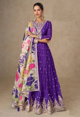 Purple chinon silk anarkali pant suit with zari sequin embroidery & printed dupatta, free size stitching up to 42" 1