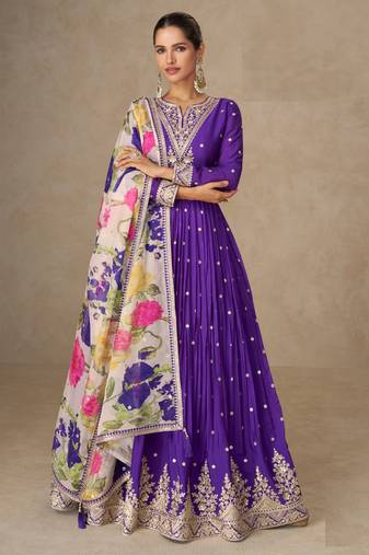 Purple chinon silk anarkali pant suit with zari sequin embroidery & printed dupatta, free size stitching up to 42"
