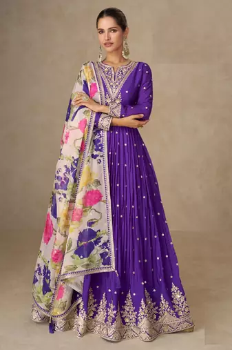 Purple chinon silk anarkali pant suit with zari sequin embroidery & printed dupatta, free size stitching up to 42"