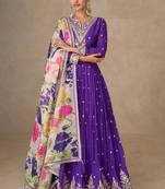 Purple chinon silk anarkali pant suit with zari sequin embroidery & printed dupatta, free size stitching up to 42"