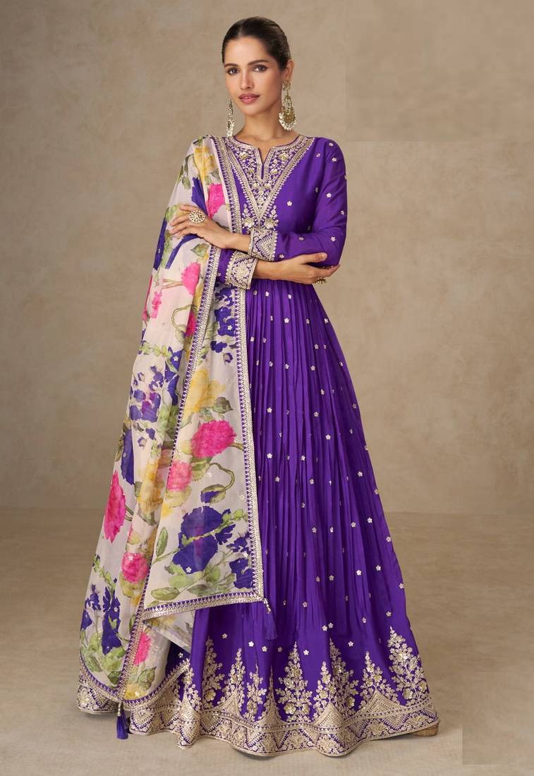 Purple chinon silk anarkali pant suit with zari sequin embroidery & printed dupatta, free size stitching up to 42"