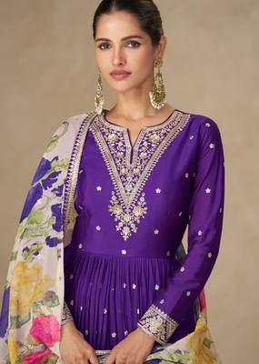 Purple chinon silk anarkali pant suit with zari sequin embroidery & printed dupatta, free size stitching up to 42" 2