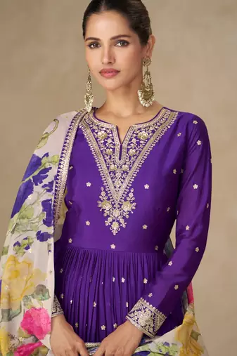 Purple chinon silk anarkali pant suit with zari sequin embroidery & printed dupatta, free size stitching up to 42"