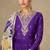 Purple chinon silk anarkali pant suit with zari sequin embroidery & printed dupatta, free size stitching up to 42"