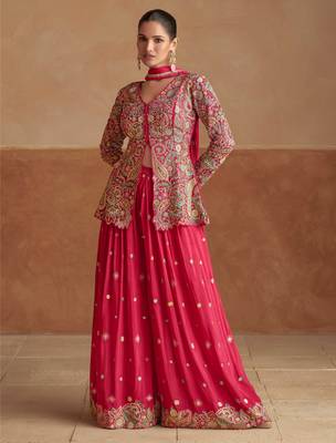 Purple zari sequins stone & beads work chinnon silk slit top palazzo suit     free size stitching (up to 42"). 1