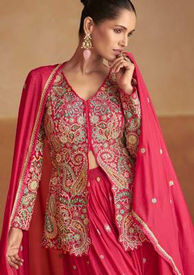 Purple zari sequins stone & beads work chinnon silk slit top palazzo suit     free size stitching (up to 42"). 2