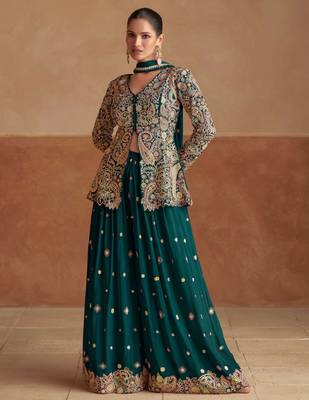 Teal green zari sequins stone & beads work chinnon silk slit top palazzo suit     free size stitching (up to 42") 1