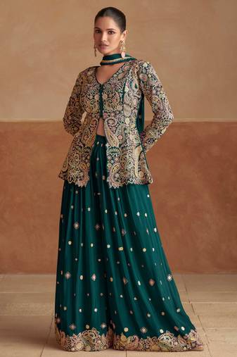 Teal green zari sequins stone & beads work chinnon silk slit top palazzo suit – free size stitching (up to 42")