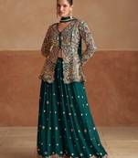 Teal green zari sequins stone & beads work chinnon silk slit top palazzo suit     free size stitching (up to 42")