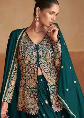Teal green zari sequins stone & beads work chinnon silk slit top palazzo suit     free size stitching (up to 42") 2