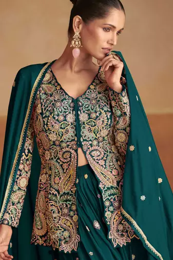 Teal green zari sequins stone & beads work chinnon silk slit top palazzo suit     free size stitching (up to 42")