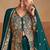 Teal green zari sequins stone & beads work chinnon silk slit top palazzo suit – free size stitching (up to 42")
