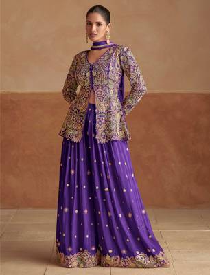 Pink zari sequins, stone & beads work chinnon silk slit top palazzo suit     free size stitching (up to 42") 1
