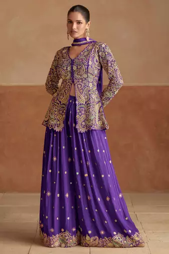 Pink zari sequins, stone & beads work chinnon silk slit top palazzo suit – free size stitching (up to 42")