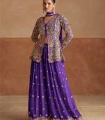 Pink zari sequins, stone & beads work chinnon silk slit top palazzo suit     free size stitching (up to 42")