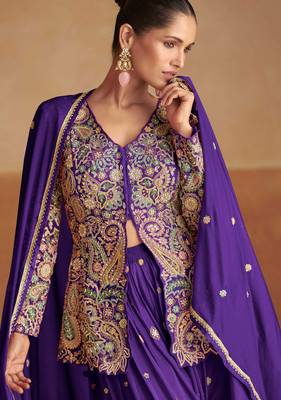 Pink zari sequins, stone & beads work chinnon silk slit top palazzo suit     free size stitching (up to 42") 2