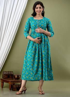 Turquoise blue   floral printed  cotton flared maternity maxi dress 1