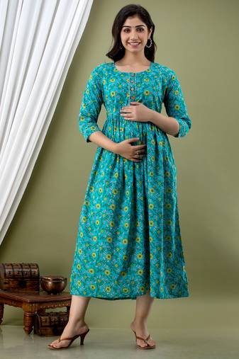 Turquoise blue  aaysa floral printed pure cotton flared maternity maxi dress