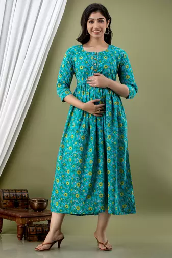 Turquoise blue  aaysa floral printed pure cotton flared maternity maxi dress
