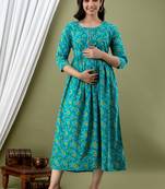Turquoise blue   floral printed pure cotton flared maternity maxi dress