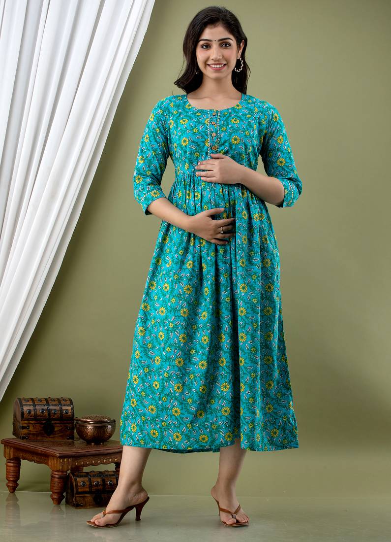 Turquoise blue  aaysa floral printed pure cotton flared maternity maxi dress
