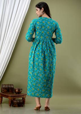 Turquoise blue   floral printed  cotton flared maternity maxi dress 2