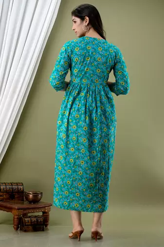 Turquoise blue   floral printed  cotton flared maternity maxi dress