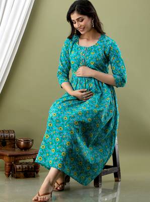 Turquoise blue   floral printed  cotton flared maternity maxi dress 3