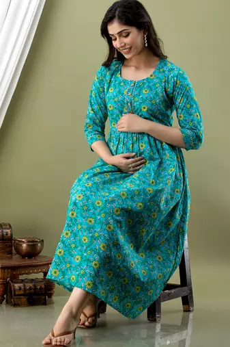Turquoise blue   floral printed  cotton flared maternity maxi dress