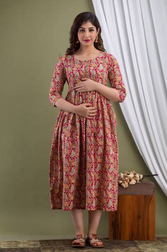 Red aaysa floral printed pure cotton flared maternity maxi dress