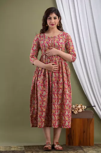 Red aaysa floral printed pure cotton flared maternity maxi dress