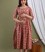 Red  floral printed pure cotton flared maternity maxi dress