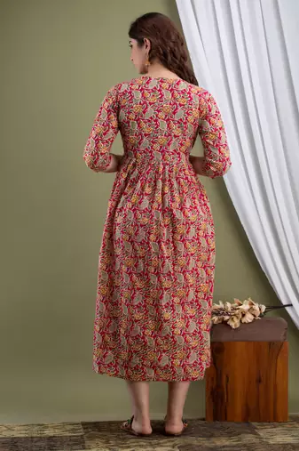 Red  floral printed  cotton flared maternity maxi dress