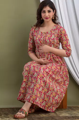 Red  floral printed  cotton flared maternity maxi dress