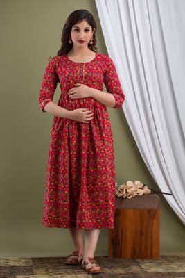 Maroon  floral printed  cotton flared maternity maxi dress 1