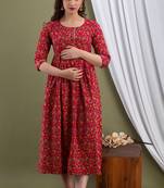 Maroon  floral printed pure cotton flared maternity maxi dress