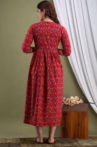 Maroon  floral printed  cotton flared maternity maxi dress
