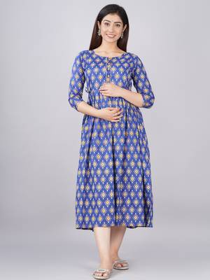 Blue  floral printed  cotton flared maternity maxi dress 1