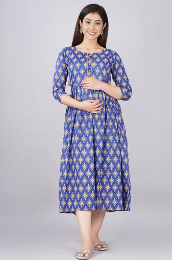 Blue aaysa floral printed pure cotton flared maternity maxi dress