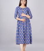 Blue  floral printed pure cotton flared maternity maxi dress