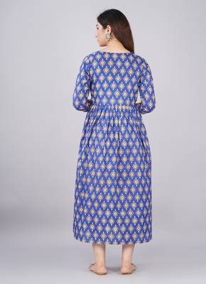 Blue  floral printed  cotton flared maternity maxi dress 2