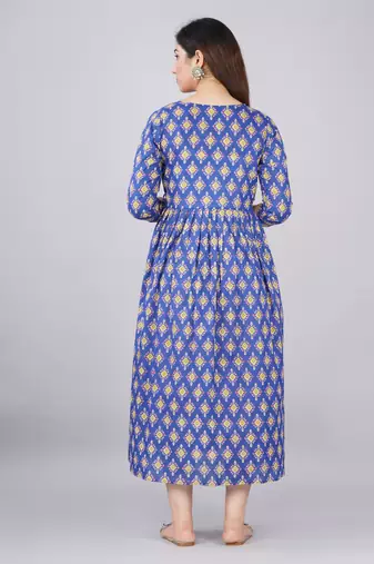 Blue  floral printed  cotton flared maternity maxi dress