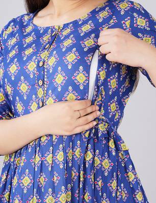 Blue  floral printed  cotton flared maternity maxi dress 3