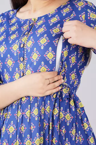 Blue  floral printed  cotton flared maternity maxi dress