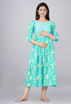 Green  floral printed  cotton flared maternity maxi dress 1
