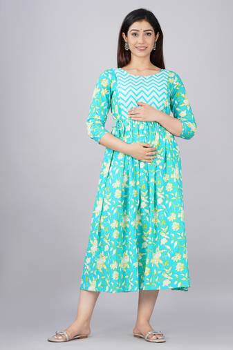 Green aaysa floral printed pure cotton flared maternity maxi dress